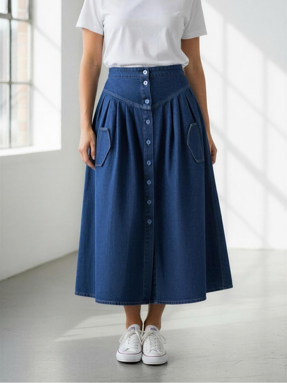 Classic Button-Front Indigo Blue Maxi Denim Skirt